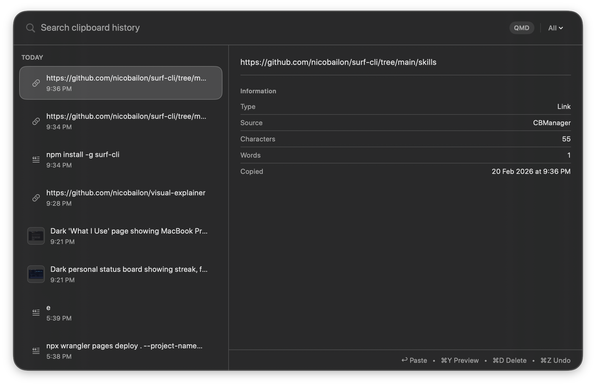 CBManager dark macOS interface with searchable clipboard history and item details