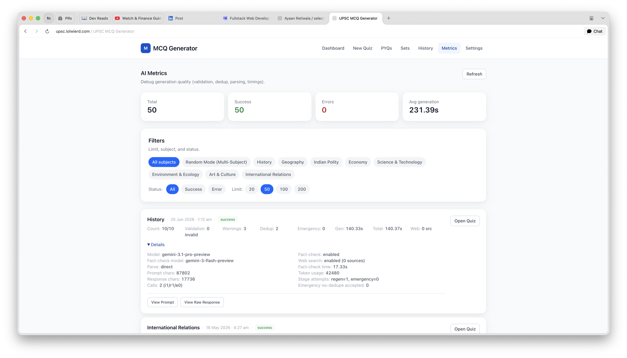 AI generation metrics showing validation, deduplication, timing, model, tokens, and parsing details