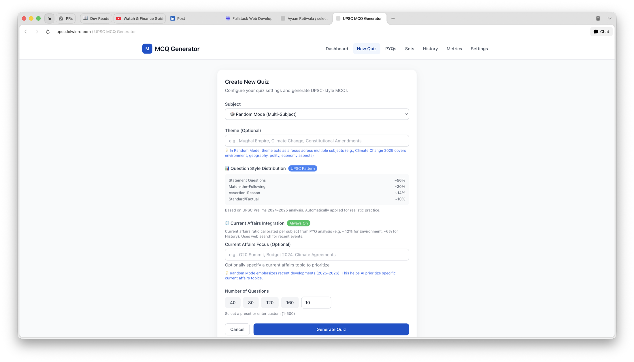New quiz form with subject, theme, question style, current affairs, and question count controls